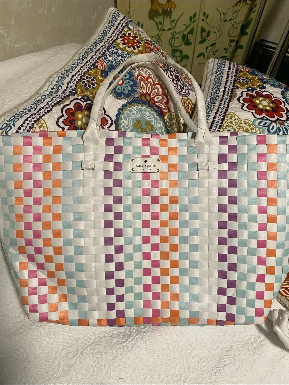 kate spade Woven Tote in White, Pink, Purple, Orange, Mint